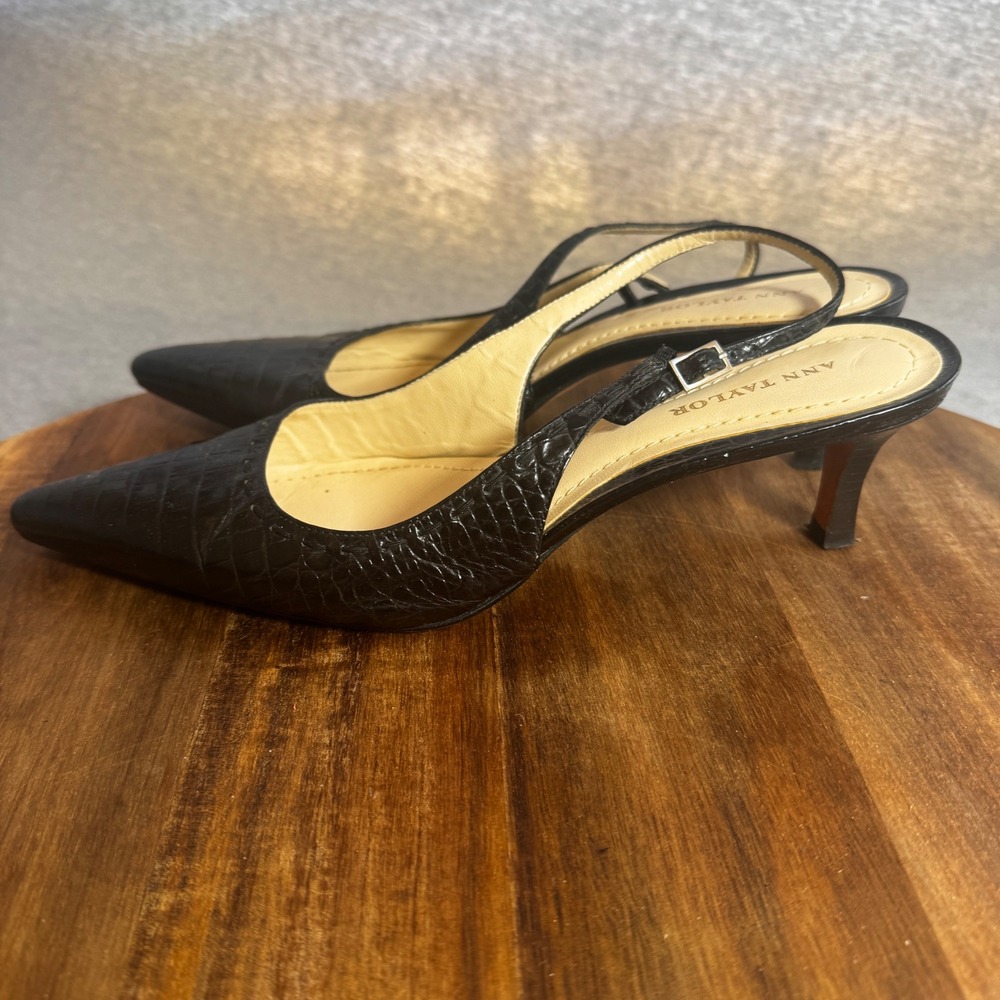 Ann Taylor Black Croc Embossed Leather Slingback Kitten Heels Pointed Toe 6M - Picture 4 of 7